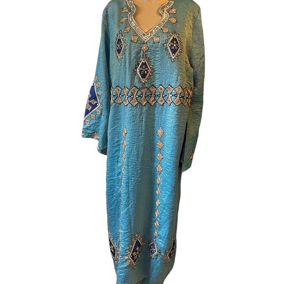 VTG Palestinian Silky Sequin Embroidered Thobe Traditional Tatreez Boho Dress XL - Picture 1 of 11